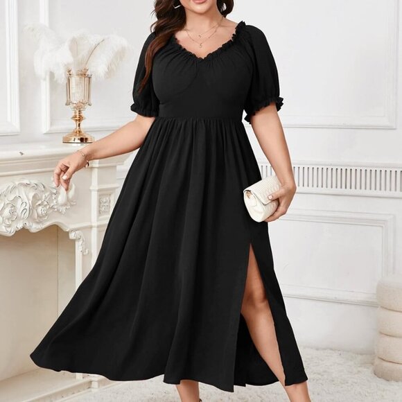 Plus Size Maxi Dress Women Summer V Neck Puff Short Sleeve Slit Formal - Picture 6 of 6